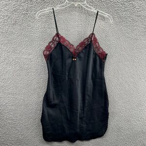 Y2K Black Satin Lace Slip Dress Red Floral Trim Goth Whimsigoth Grunge Coquette